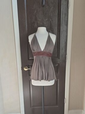 Sky Olive Halter Top with Brown Leather